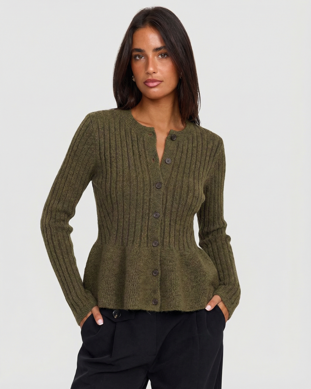 Darcie | Ribbed Knit Peplum Button Front Cardigan