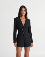 Ariella | Deep V-Neck Asymmetric Button Padded Shoulder Tailored Shorts Romper in Black