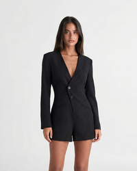 Ariella | Deep V-Neck Asymmetric Button Padded Shoulder Tailored Shorts Romper in Black