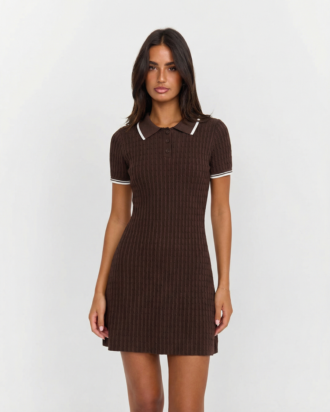 Una | Polo Collar Cable Knit White Tipped Button Placket A-Line Knitted Mini Dress