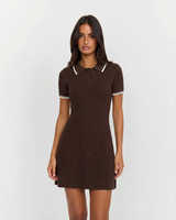 Una | Polo Collar Cable Knit White Tipped Button Placket A-Line Knitted Mini Dress