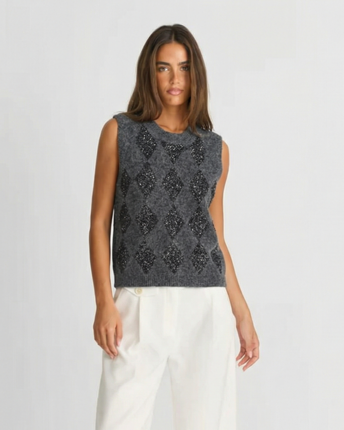 Nola | Vest Top Grey Knitted Argyle Sleeveless Rhinestone