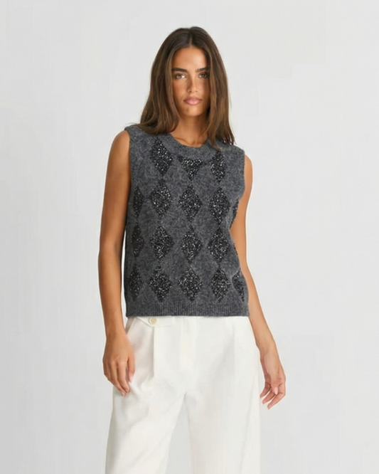 Nola | Vest Top Grey Knitted Argyle Sleeveless Rhinestone