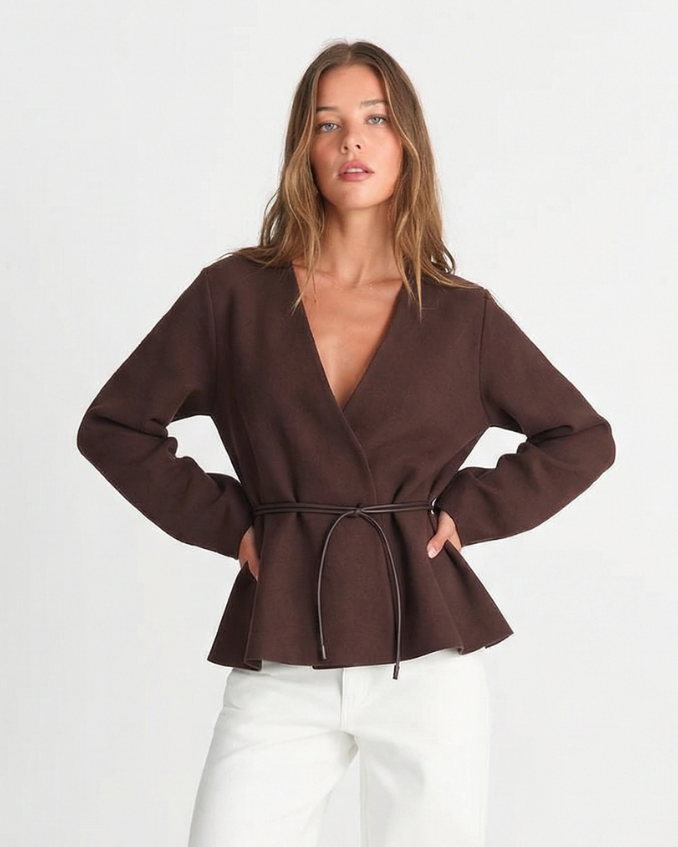 Eva | Deep V-Neck Tie Belt Peplum Hem Wrap Top