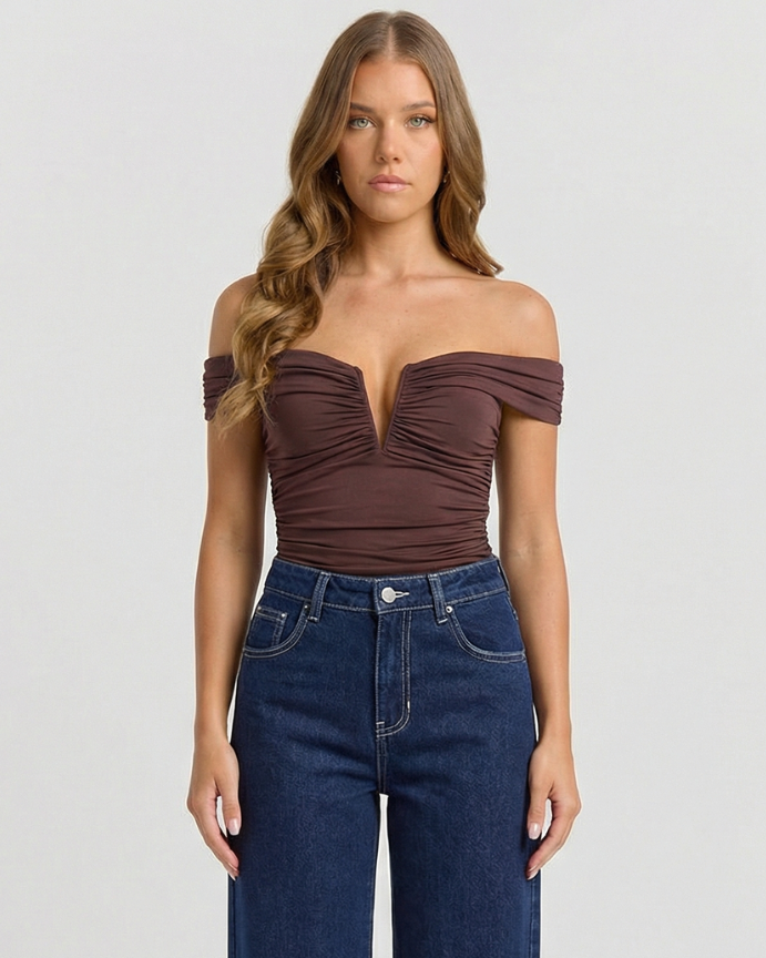 Tilly | Off-Shoulder V-Plunge Ruched Top in Brown