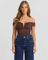 Tilly | Off-Shoulder V-Plunge Ruched Top in Brown