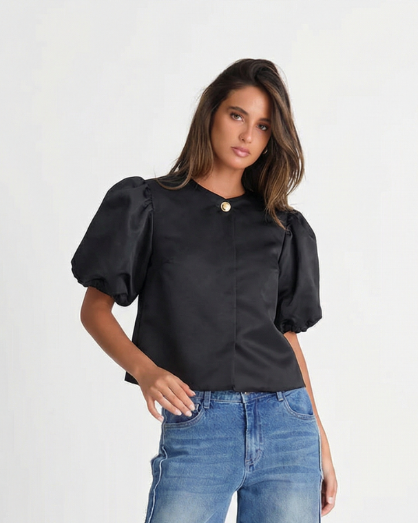 Viola | Elegant Satin Blouse Black Puff Sleeve Short Sleeve