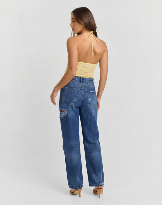 Alma | High Waisted Straight Leg Jeans Ripped Dark Blue Distressed