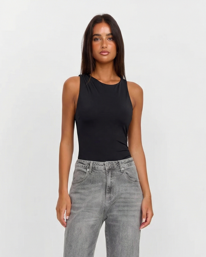 Brianna | High Crew Neck Wide Armhole Sculpting Jersey Tank Top in Black