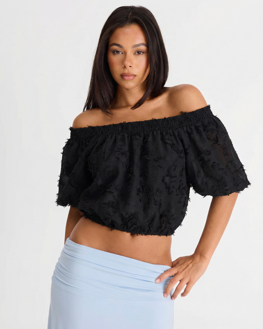 Nina | Off Shoulder Crop Top Black Textured Short Sleeve