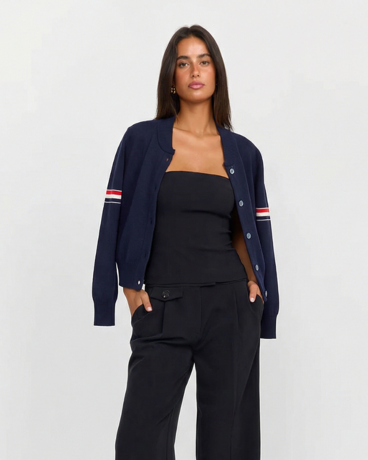 Maya | Stripe Arm Detail Crew Neck Button Front Ribbed Cropped Knit Cardigan