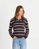 Iris | Striped Long Sleeve Polo Knit Top in Yellow & Dark Brown