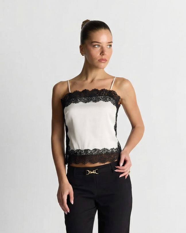 Isla | Elegant Lace Trim Cami Top White Black Satin