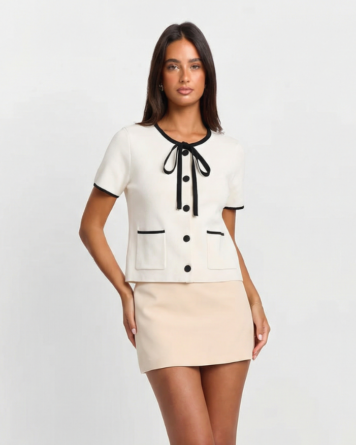 Felicity | Bow Neck Contrast Trim Cropped Jersey Top