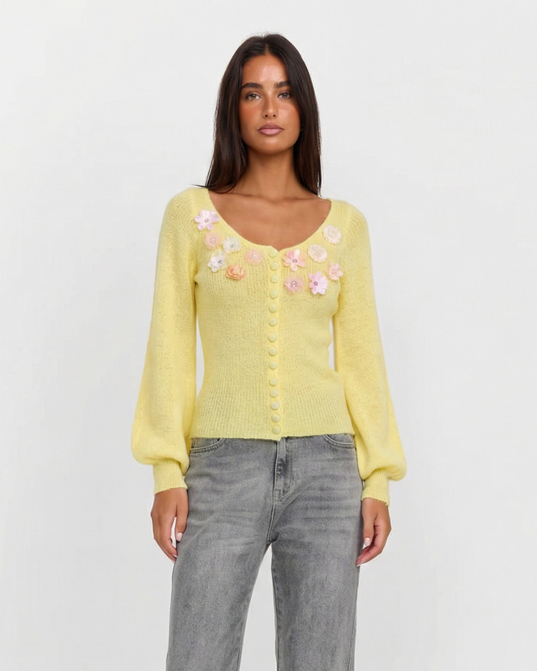 Maisie | Floral Embellishment Balloon Sleeve Scoop Neck Button Front Knit Cardigan