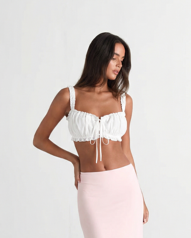 Bethany | Tie Front Lace Trim Cotton Crop Top
