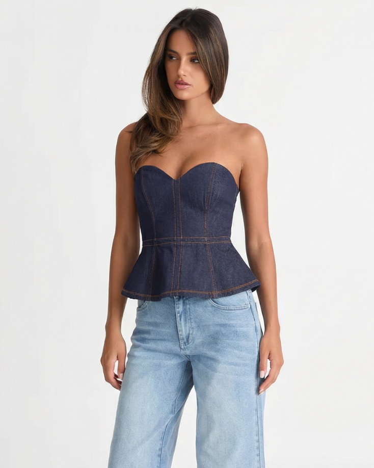 Harriet | Dark Wash Denim Corset Peplum Top