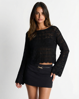 Hallie | Wide Boat Neck Flared Sleeve Scalloped Hem Open Crochet Crop Top