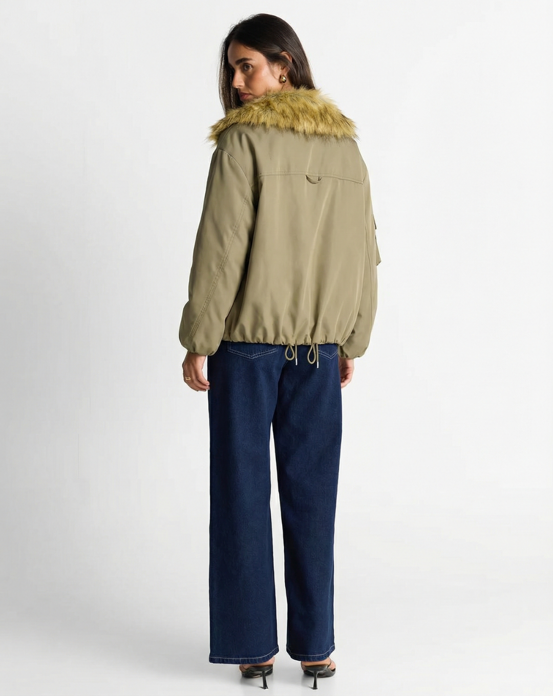 Alma | Autumn Bomber Jacket Faux Fur Collar Khaki Zip Up Cropped
