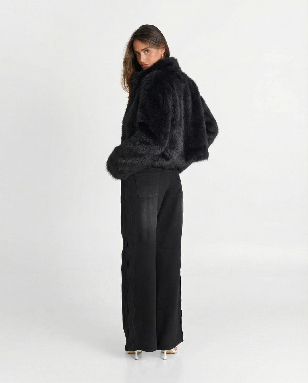 Francesca | Black Faux Fur High Collar Cropped Jacket