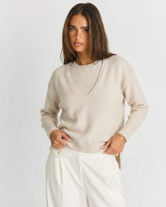 Isla | Casual Crew Neck Knitted Top Cream Long Sleeve