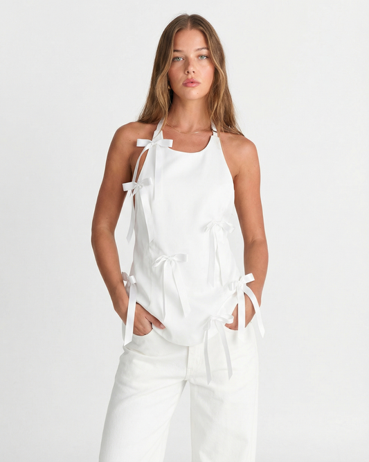 Nola | Summer Halter Neck Top White Backless Tie Detail