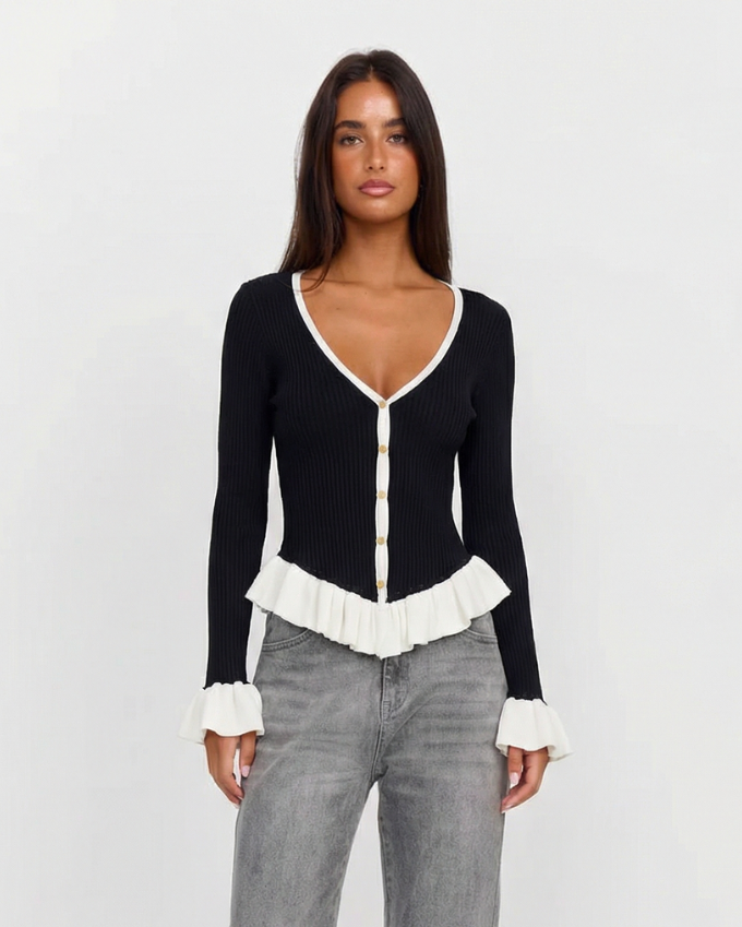 Harper | V-Neck Contrast Peplum Hem Ruffle Cuff Button Front Fitted Ribbed Knit Top