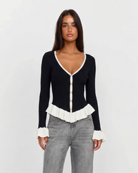 Harper | V-Neck Contrast Peplum Hem Ruffle Cuff Button Front Fitted Ribbed Knit Top