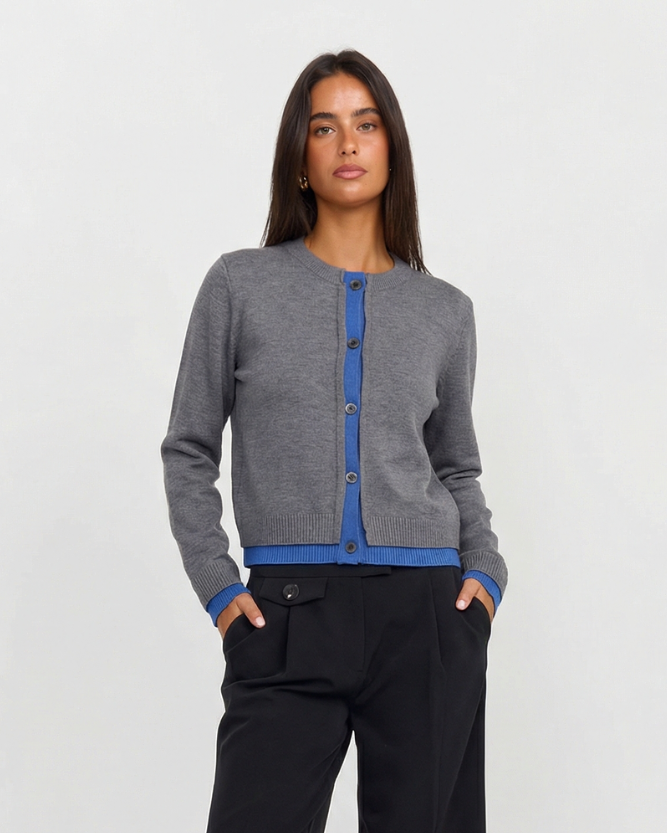 Margot | Contrast Button Placket Round Neck Cropped Cardigan