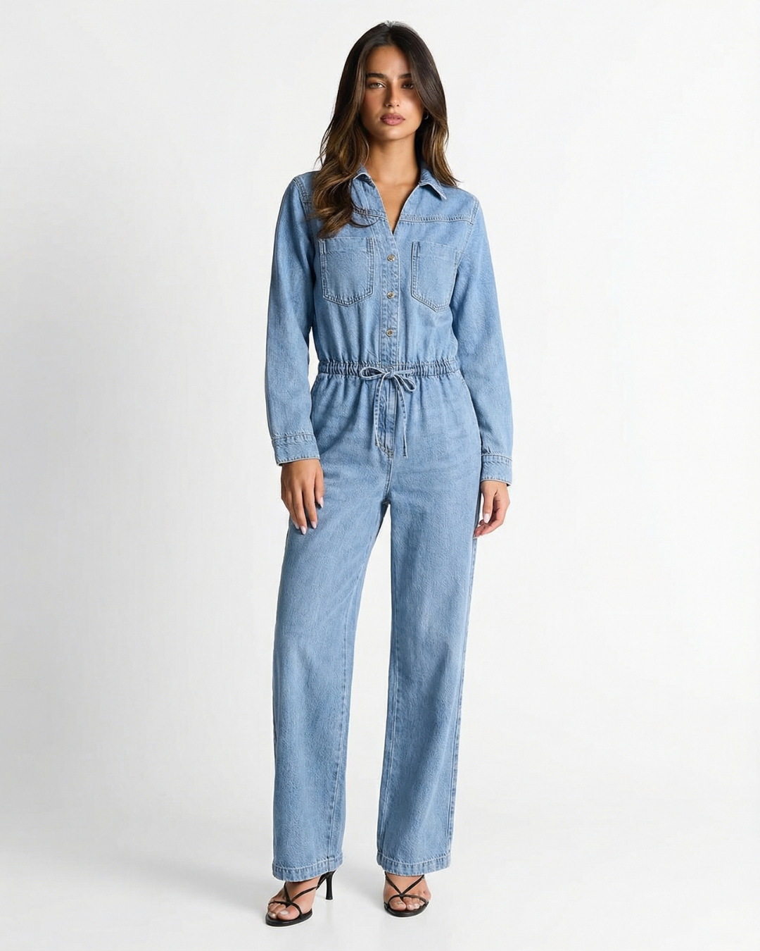 Arabella | Drawstring Waist Collared V-Neck Chest Pocket Wide-Leg Light Wash Denim Jumpsuit