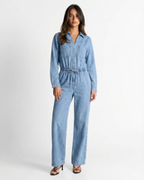 Arabella | Drawstring Waist Collared V-Neck Chest Pocket Wide-Leg Light Wash Denim Jumpsuit