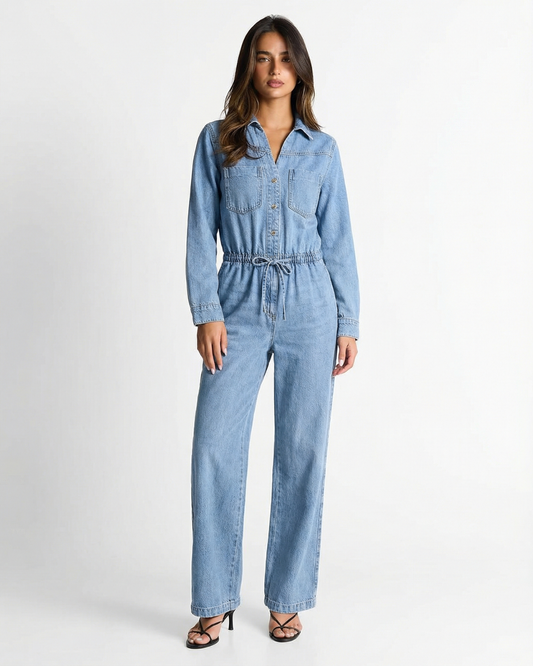 Nea | Casual Light Blue Denim Jumpsuit Long Sleeve Drawstring