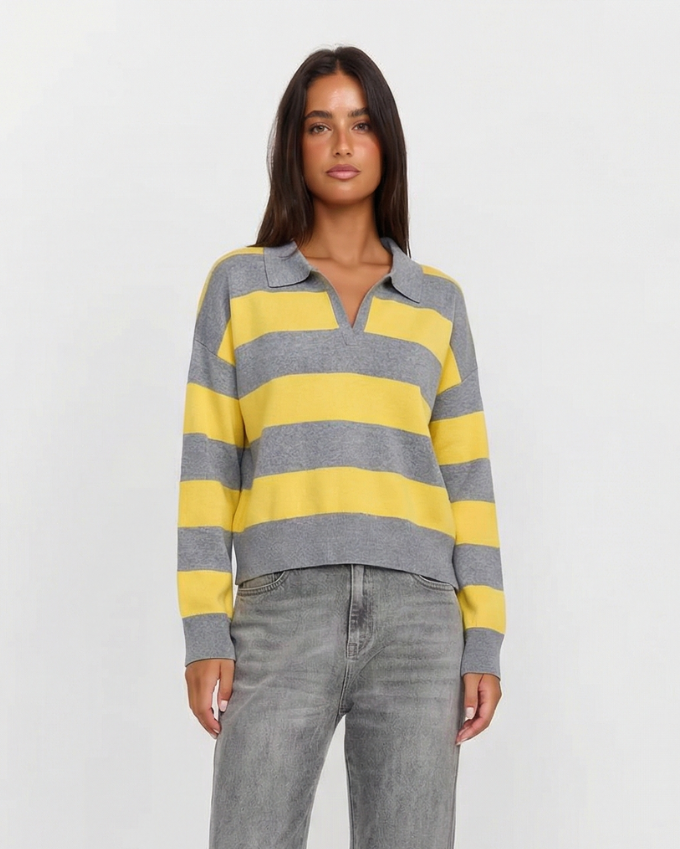 Esme | Striped Cropped Knit Polo Top
