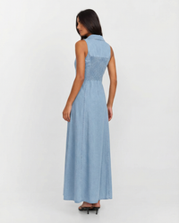 Arabella | Collared V-Neck Button-Front Denim Maxi Dress