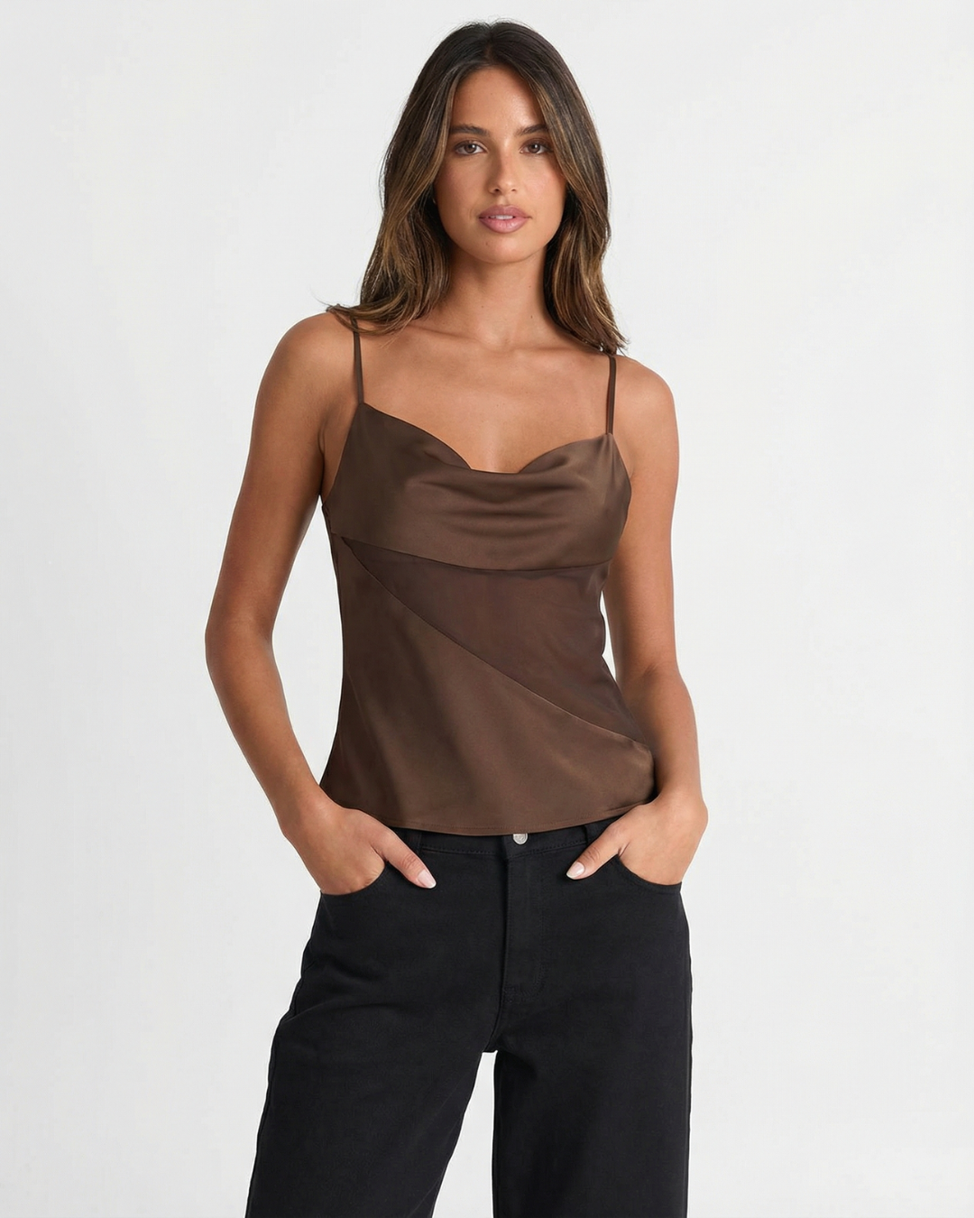 Viola | Elegant Satin Cowl Neck Cami Top Brown Going Out