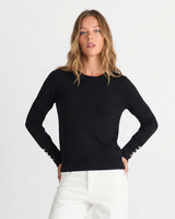 Bella | Gold Button Cuff Crew Neck Long Sleeve Fitted Lightweight Knit Top