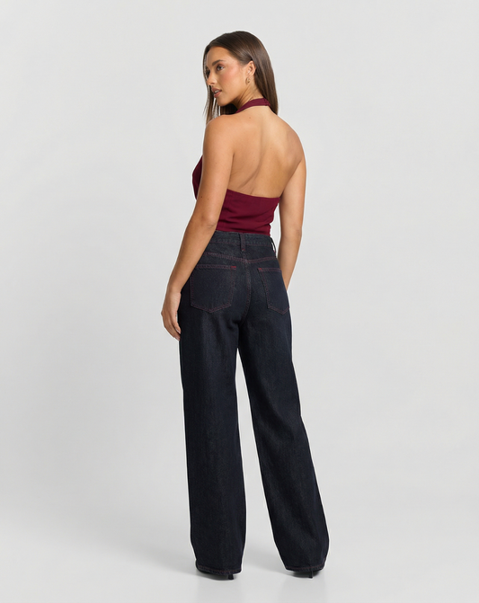 Aria | Wide Leg Jeans Black High Waisted Contrast Stitch