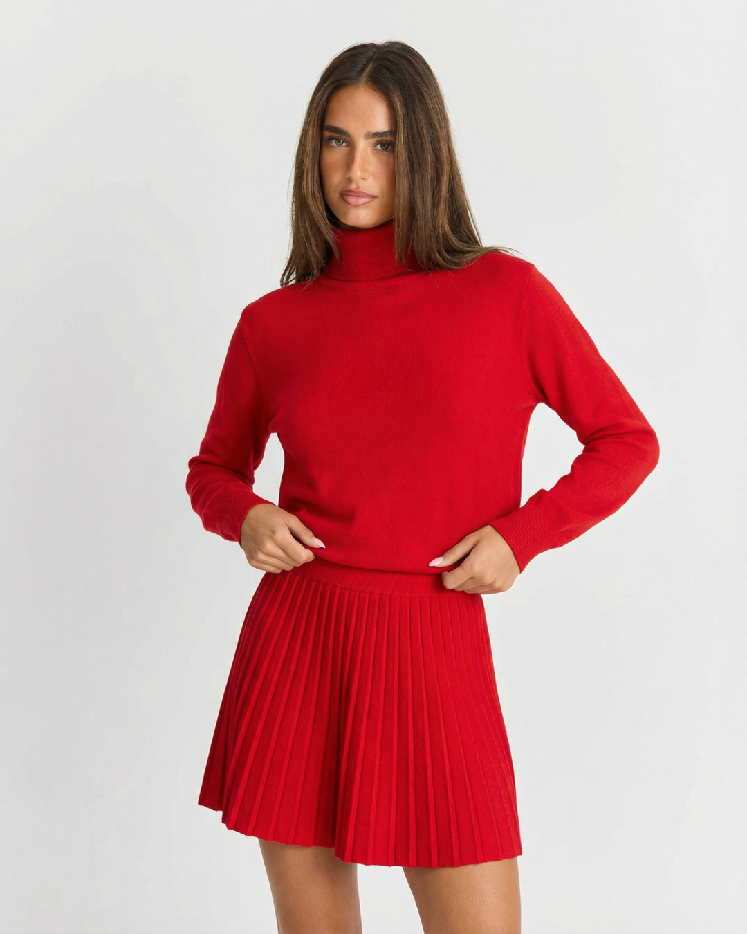 Emilia | Turtleneck Knit Pleated Skirt Co-ord Set