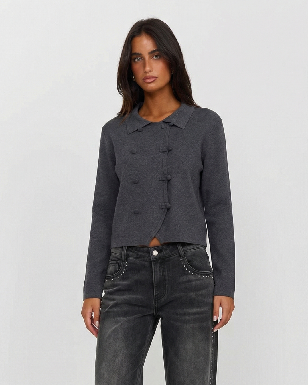 Layla | Peter Pan Collar Asymmetric Toggle Button Cropped Knit Cardigan