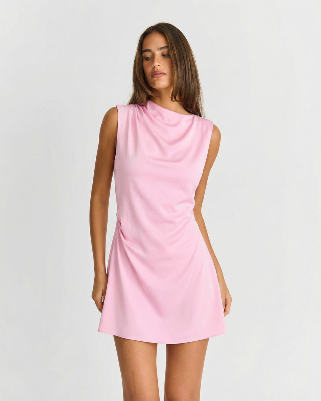 Verity | Asymmetric Draped Neck Wide Strap Side Ruching Satin A-Line Mini Dress