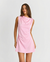 Verity | Asymmetric Draped Neck Wide Strap Side Ruching Satin A-Line Mini Dress