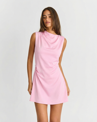 Verity | Asymmetric Draped Neck Wide Strap Side Ruching Satin A-Line Mini Dress