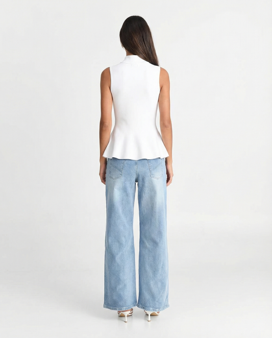 Flore | White Peplum Top Sleeveless Collared Button Front Fitted