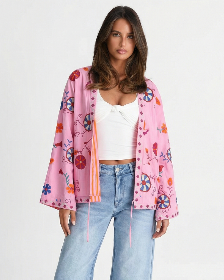 Elsie | Floral Motif Wide Sleeve Open Front Contrast Stripe Lining Cotton Kimono