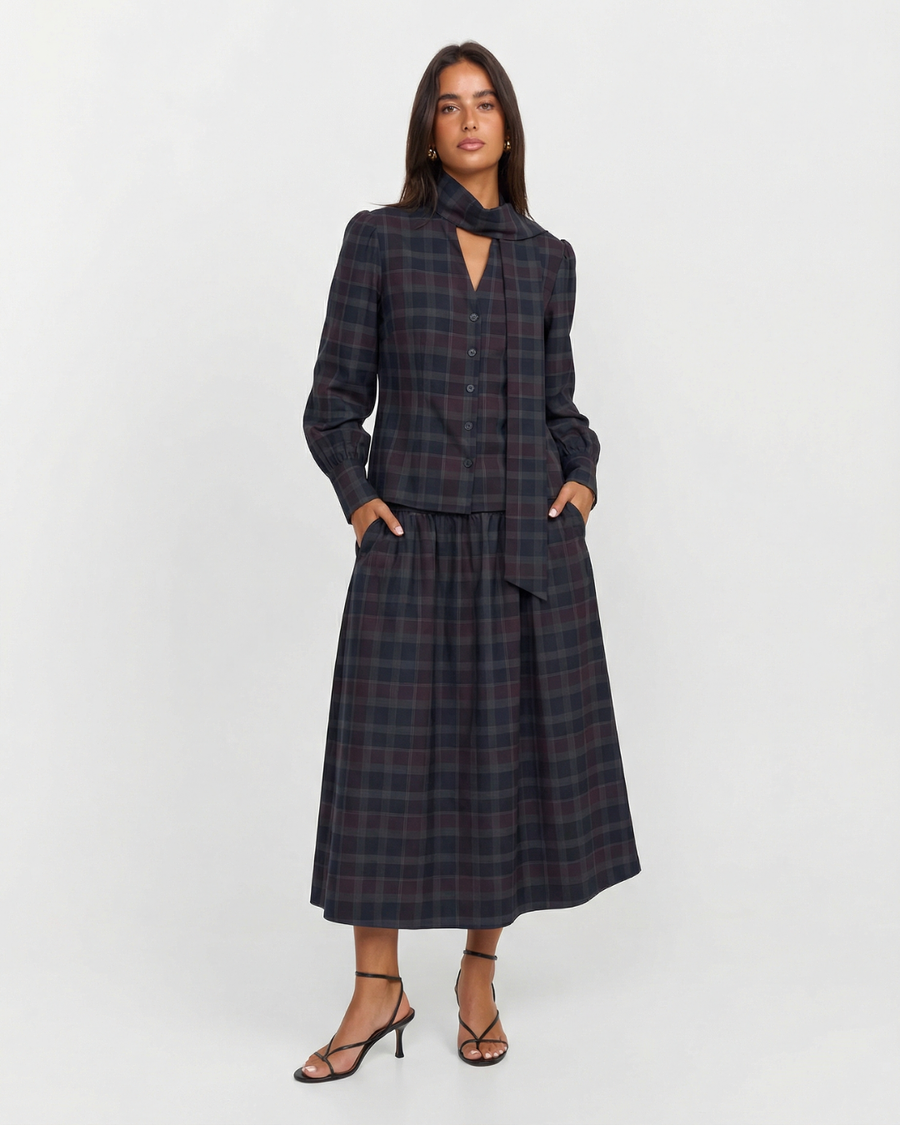 Anna | Plaid Woven Top Midi Skirt Co-ord Set