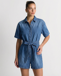 Alyssa | Collared Button Front Self-Tie Belt Short Sleeve Denim Shorts Romper in Blue