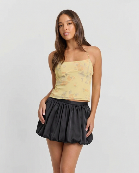 Romy | Satin Mini Skirt Black Balloon Hem Pleated
