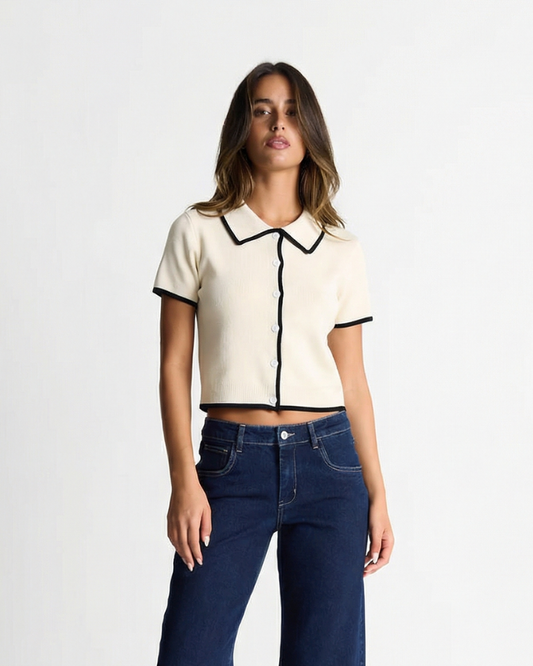 Ivy | Cropped Button Up Shirt Cream Short Sleeve Contrast Trim