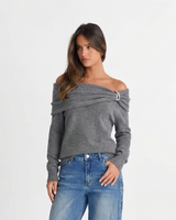 Lola | Draped Off Shoulder Ring Hardware Soft Knit Top