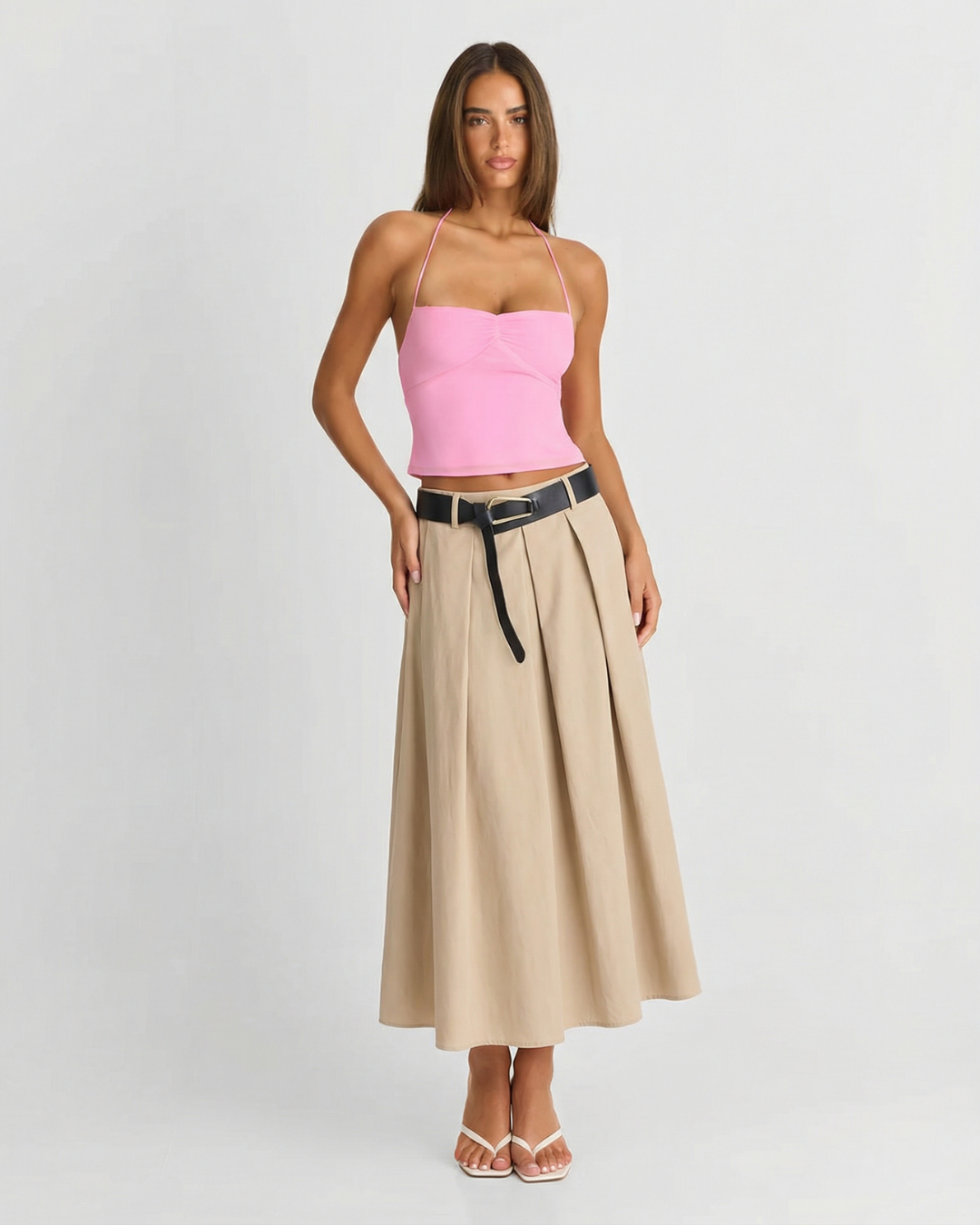 Tabitha | High-Waist Pleated Linen Midi Skirt